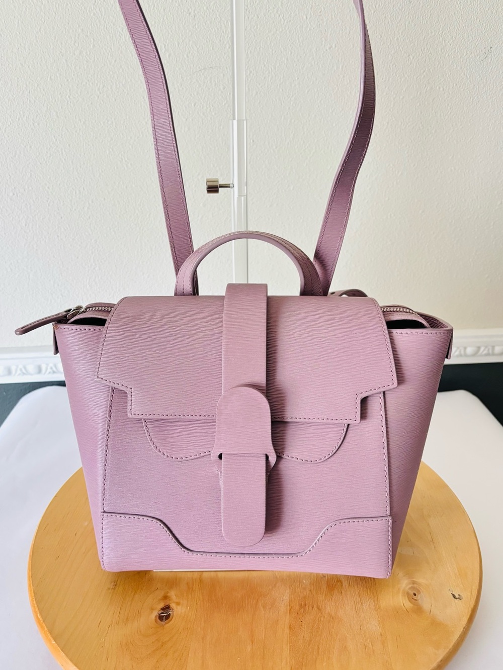 Senreve Mini Maestra Structured Saffiano Italian Leather Backpack in mauve pink